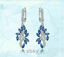 3Ct Marquise Cut Simulated Sapphire Drop/Dangle Earrings 14K White Gold Plated