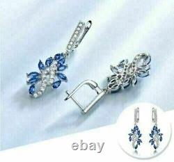 3Ct Marquise Cut Simulated Sapphire Drop/Dangle Earrings 14K White Gold Plated