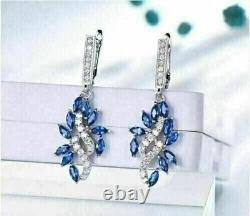 3Ct Marquise Cut Simulated Sapphire Drop/Dangle Earrings 14K White Gold Plated