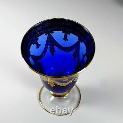 3 Cristal T Medic Murano Glass Cobalt Blue and Gold Goblets