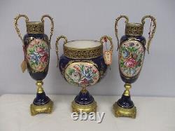 3 Vtg Capodimonte Keramos Cobalt Blue Signed Centerpiece Gold Handled Urns Vases