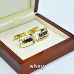 4CT Princess Cut Lab Created Sapphire Suits Cufflinks 14K Yellow Gold Finish