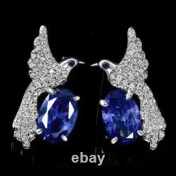 4Ct Oval Cut Lab-Created Blue Sapphire Bird Stud Earrings 14K White Gold Plated