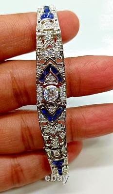 4Ct Round Simulated Sapphire & Diamond Art Deco Bracelet 925 Sterling Silver