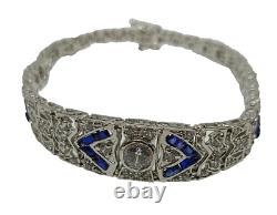 4Ct Round Simulated Sapphire & Diamond Art Deco Bracelet 925 Sterling Silver