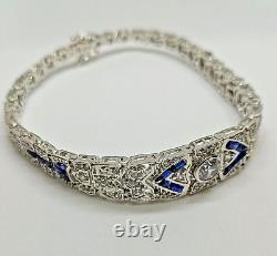 4Ct Round Simulated Sapphire & Diamond Art Deco Bracelet 925 Sterling Silver