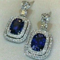 4 Ct Cushion Cut Simulated Sapphire Drop/Dangle Earrings 14K White Gold Plated