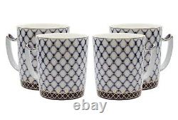 4 Russian Cobalt Blue Net Tea Cup Mugs Saint Petersberg 24K Gold Bone China