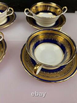 4 x Aynsley 7410 Simcoe Cobalt Blue Gold Soup Bowls Coupes and Stands / Saucers