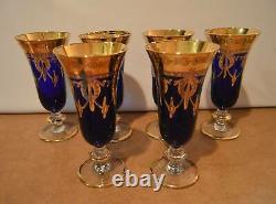 6 Arte Italica SC Line AIZ2 Gold Encrusted Cobalt Glass Champagne Flutes Goblets