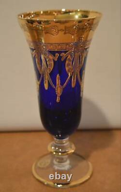 6 Arte Italica SC Line AIZ2 Gold Encrusted Cobalt Glass Champagne Flutes Goblets