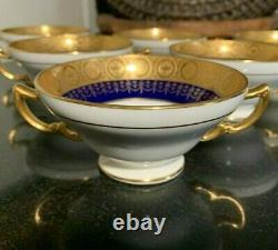 6 Minton for Tiffany & Co. Cobalt & Gold Gilt Double Handle Bouillon Soup Bowls