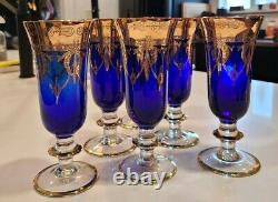6 Vintage Venetian Cobalt Blue And Gold Hand Painted Footed Glasses Murano