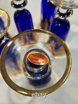 6 Vintage Venetian Cobalt Blue And Gold Hand Painted Footed Glasses Murano