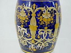 ANTIQUE COBALT BLUE GLASS WINE DECANTER ENAMEL GOLD Sterling Silver Stopper 19C