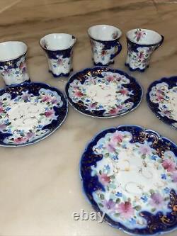 ANTIQUE Cobalt Flow Blue Gold Trim Hand Painted Floral DEMITASSE TEA CUPS SAUCER