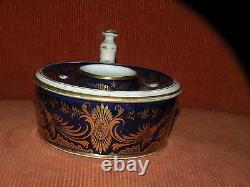 ANTIQUE EARLY 19TH CENTURY DERBY PORCELAIN COBALT GOLD INKWELL with finger ring