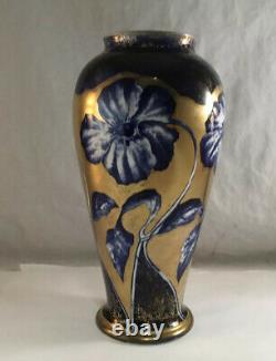 ANTIQUE THOMAS FORESTER & SON ENGLISH POTTERY VASE COBALT FLOWERS With GOLD GILT