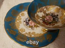AYNSLEY-ENGLAND-HANDPAINTED CUP and SAUCER with PINK ROSE and GOLD