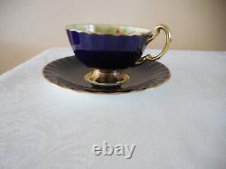 AYNSLEY ORCHARD FRUIT Cobalt Blue GOLD TEA CUP & SAUCER SET SIGNED D. JONES MINT