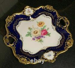 Alka Colbalt Meissen Flowers 8 1/4 Square Handled Serving Tray Heavy Gold