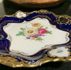 Alka Colbalt Meissen Flowers 8 1/4 Square Handled Serving Tray Heavy Gold