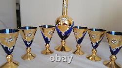 Antik Vintage Decanter Gold Cobalt Blue and 6 Wine Glasses Set Handmade Murano