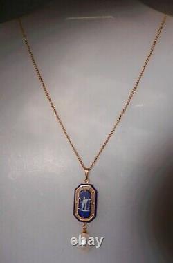 Antique 10k Gold Cobalt Wedgwood Jasperware Lavalier Pendant With Pearl Drop