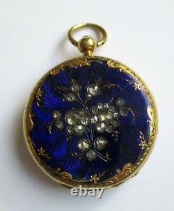 Antique 1854 Ladies Pendant Watch 18K Gold+18 Diamonds Cobalt Blue Enamel 15 Gr
