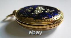 Antique 1854 Ladies Pendant Watch 18K Gold+18 Diamonds Cobalt Blue Enamel 15 Gr