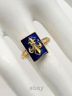 Antique 1920s COBALT BLUE Enamel FLEUR DE LIS 18k Yellow Gold Ring 5g BIG
