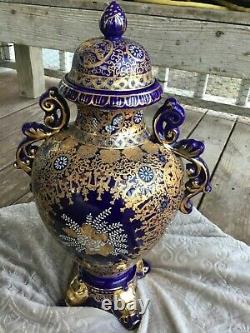 Antique 24kt Gold gilded Vase Urn Handles Footed Lid Dark Cobalt Blue Porcelain