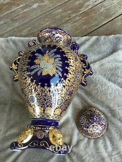 Antique 24kt Gold gilded Vase Urn Handles Footed Lid Dark Cobalt Blue Porcelain