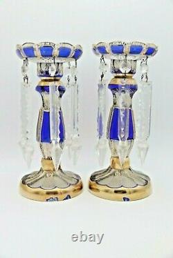 Antique Bohemian Victorian Czech Cobalt Blue Glass & Gold Mantle Lusters Lustres