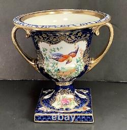 Antique Chelsea Bird Style Handled Urn Cobalt Blue Gold Bird Flowers