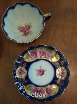 Antique Cobalt Blue Encrusted Gold Pink Roses Tea Set for 6