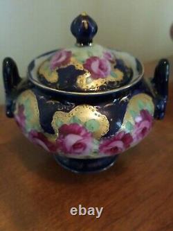 Antique Cobalt Blue Encrusted Gold Pink Roses Tea Set for 6