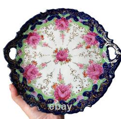 Antique Cobalt Blue Hand Painted Pink Rose Gold Accents Handled Cake Plate 11.25
