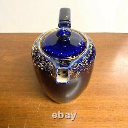 Antique Cobalt Blue and Gold Coffee Teapot with Enamel Painted Flowers