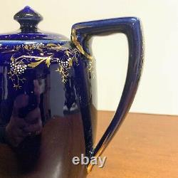 Antique Cobalt Blue and Gold Coffee Teapot with Enamel Painted Flowers