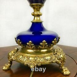 Antique Cobalt Glass Lamp with Golden Leaf