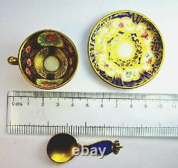 Antique Crown Staffordshire Miniature Cup, Saucer & Spoon, Cobalt Blue &Gold