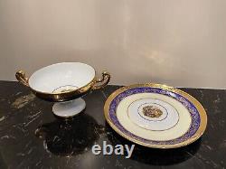 Antique Czech Bohemia 24K Gold Cobalt Blue Cups & Saucers Empire -Set of 3