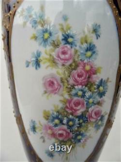 Antique French Paris Porcelain Cobalt Blue & Hand Painted Gold & Floral Urn