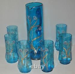 Antique HP & Enameled Blue Cobalt Glass Water Set 7 Pcs Gold Trim Floral Glows