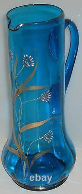 Antique HP & Enameled Blue Cobalt Glass Water Set 7 Pcs Gold Trim Floral Glows