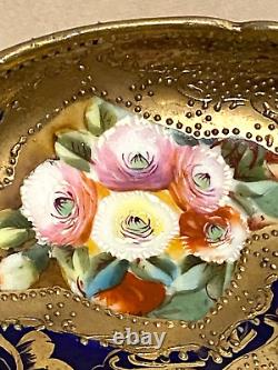Antique Hand Painted Flowers, Heavy Gold Gilt, Cobalt Blue Edge Compote Bowl
