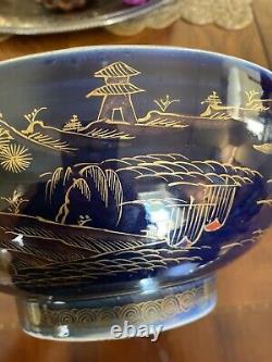 Antique Japanese Arita Aoki Footed Bowl Cobalt Blue Gold Landscape Flowers