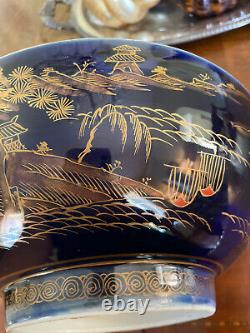 Antique Japanese Arita Aoki Footed Bowl Cobalt Blue Gold Landscape Flowers