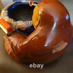 Antique Japanese DARUMA Monk Pottery Censer Cloisonne, Cobalt, Gold Accents